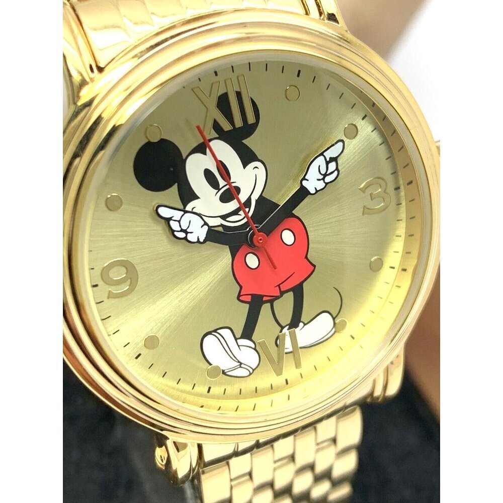 Disney Gold Tone Mickey Mouse Pointer Watch with Red Accents